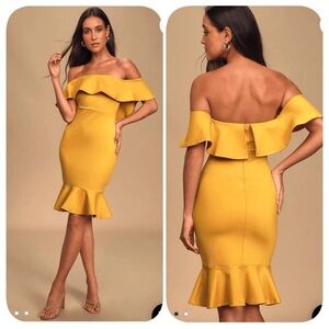 Confidence Boost, bodycon Off-Shoulder Mustard Dress - Lulus